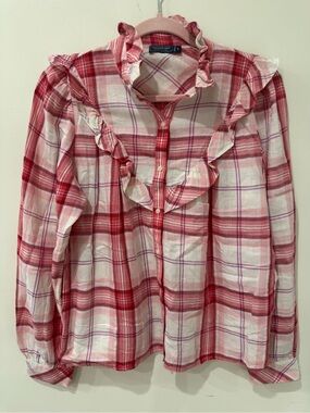 Vineyard Vines Women’s Pink Red Plaid Ruffle Button-Front Top